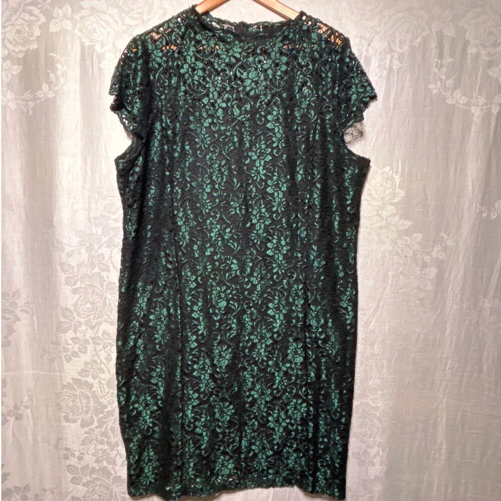 Joe Browns Shift Dress US 20 Black Green Lace Short Sleeve Knee Length Lined